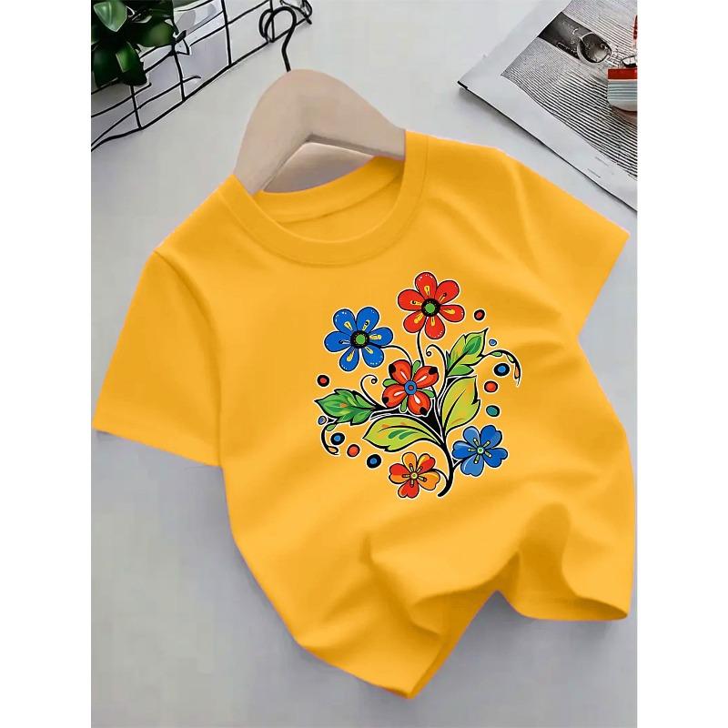 European sizes Short Sleeve Summer Cartoon Flower Pattern Casual Top for Girls – Soft Medium Stretch Knit Crew Neck Tee, Comfortable Everyday Wear,