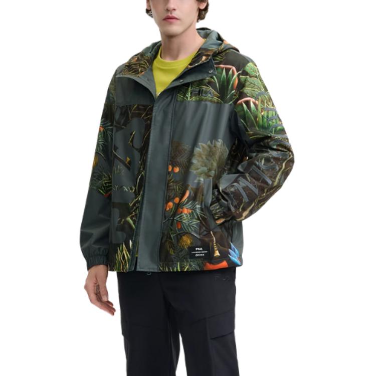FILA X Rousseau Heritage Series Fashion Casual All-Over Print Loose Hooded Jacket Men jackets Green F11M448705F-ZA