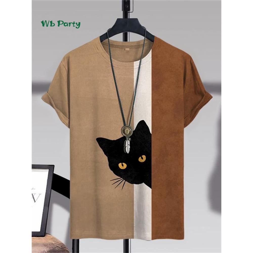 Men's Funny Cat Print T-shirt, Fashionable Personality Short Sleeve T-shirt, Plus Size Tops For Party And Street, Men's Casual Summer Clothing