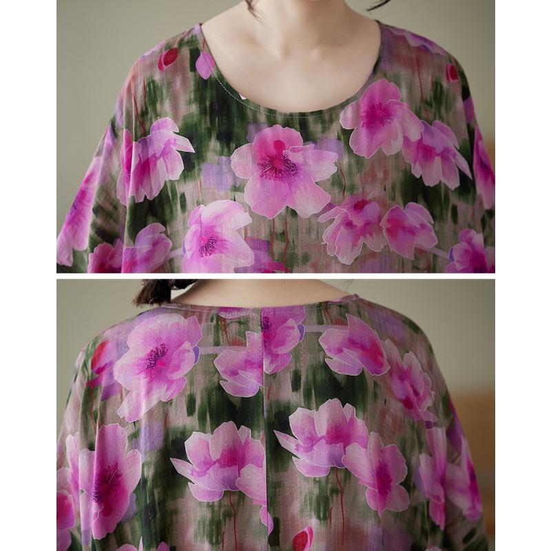 DIMANAF 2025 Women Plus Size Summer New Vintage Floral Dress Holiday Long Basic Short Sleeve Casual Loose Dress