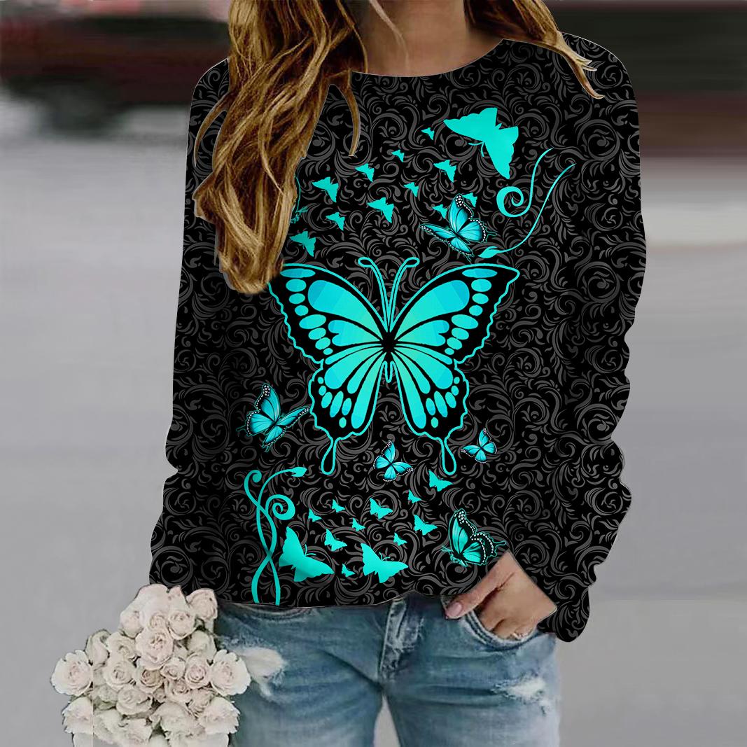 

Осень-Осень женская мода с круглым вырезом и длинным рукавом футболка свободная одежда зеленая бабочка принт футболка для девочек уличная