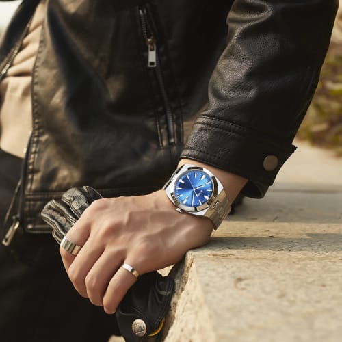 BUREI Men's Analog Quartz Watch, Simple, Waterproof, Silver, Large Dial, Date Display, Popular, Stylish, Gentleman's, Business, Casual, Luminous, Silv