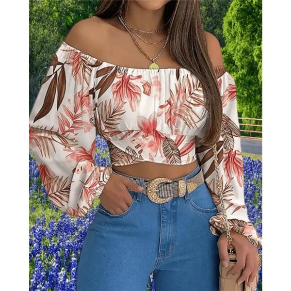 Women's long sleeves off-shoulder one-length neck lantern sleeve printed shirt