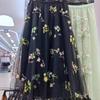 Qooth Sweet Women Floral A Line Tulle Skirt Rustic Style Wide Hem Mid Length Elastic Waist Casual Skirt QT2656