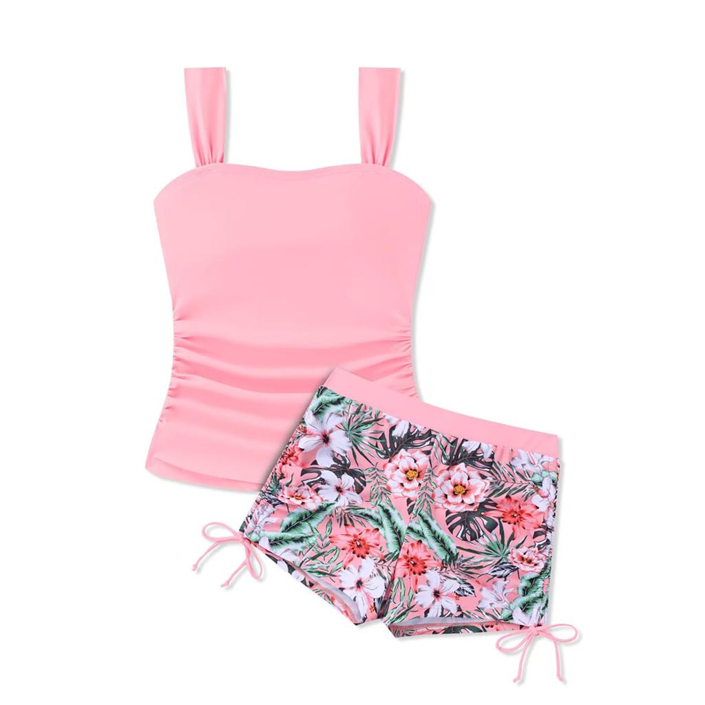 Girls Two Piece Swimsuit Tankini Top with Adjustable Straps and Floral Print Swim Shorts Lightweight Quick Dry Beachwear Set