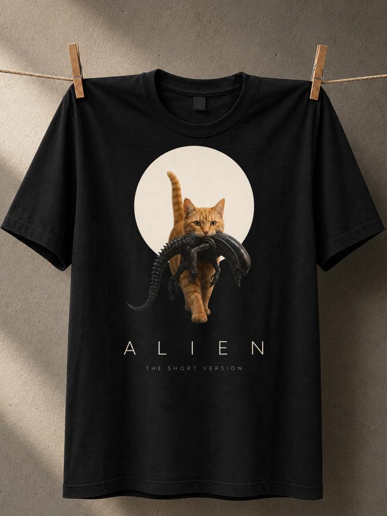 Minimal Alien Cat With Orange Cat And Xenomorph Pale Moon Circle Spaced Lettering And Clean Dark Unisex All TShirt