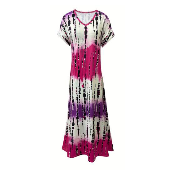 Dámské letní šaty s výstřihem do V, krátkým rukávem, designem s bočním rozparkem, maxi šaty s potiskem tie-dye, volného střihu, ležérní šaty