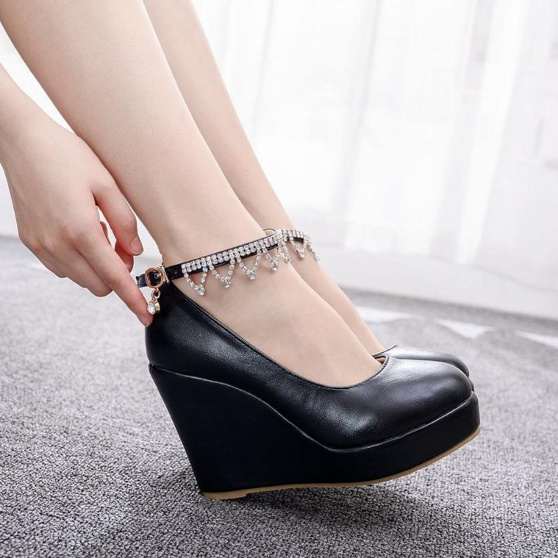 2024 Spring Wedges Women Shoes  Heels Platform Office Party Wedding Pu 10.8cm Shoe Rhinestone Elegant Women Pumps Zapatos Mujer