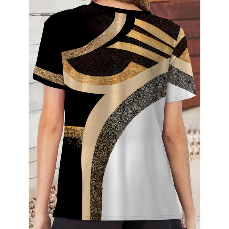 [Directional] Elegant Directional Women's V-neck Short-sleeved Printed T-shirt Women's Elegant Trendy Printed Geometric Top