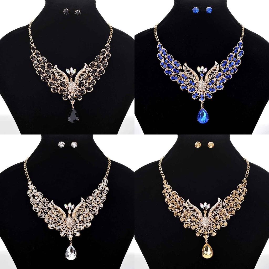 Exquisite Retro Peacock Necklace With Colorful Ear Studs Rhinestone Jewelry Set