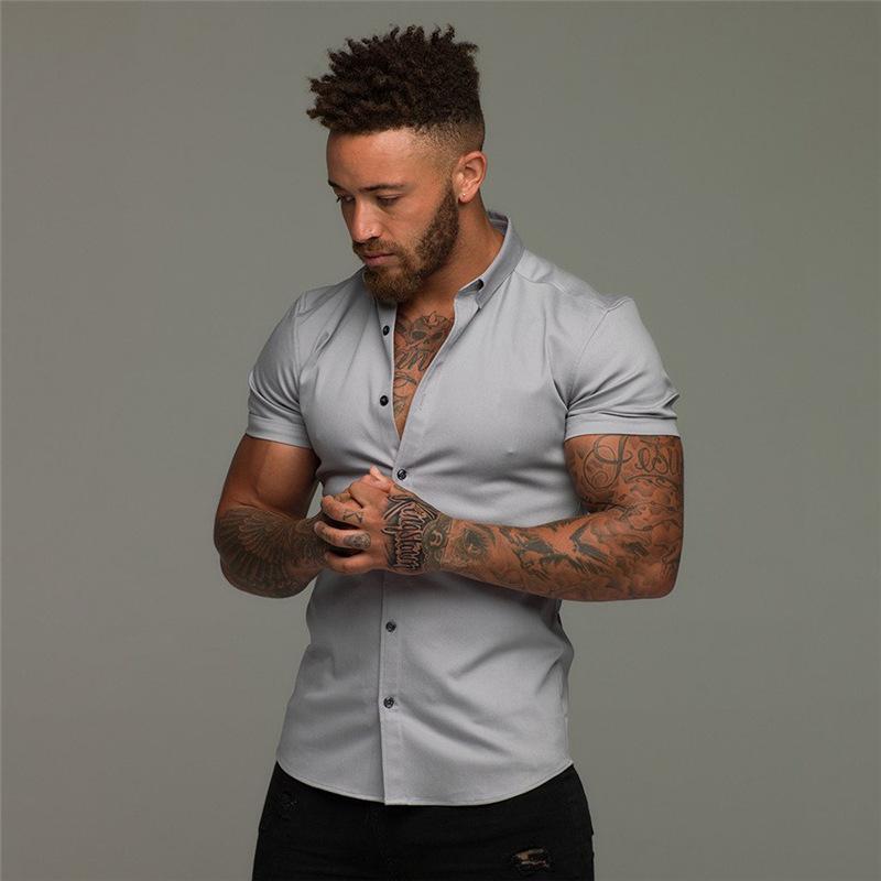 Stretch Thin Solid Color Sports Casual Cardigan Business Shirt Men's Fitness Short-sleeved Lapel Shirt