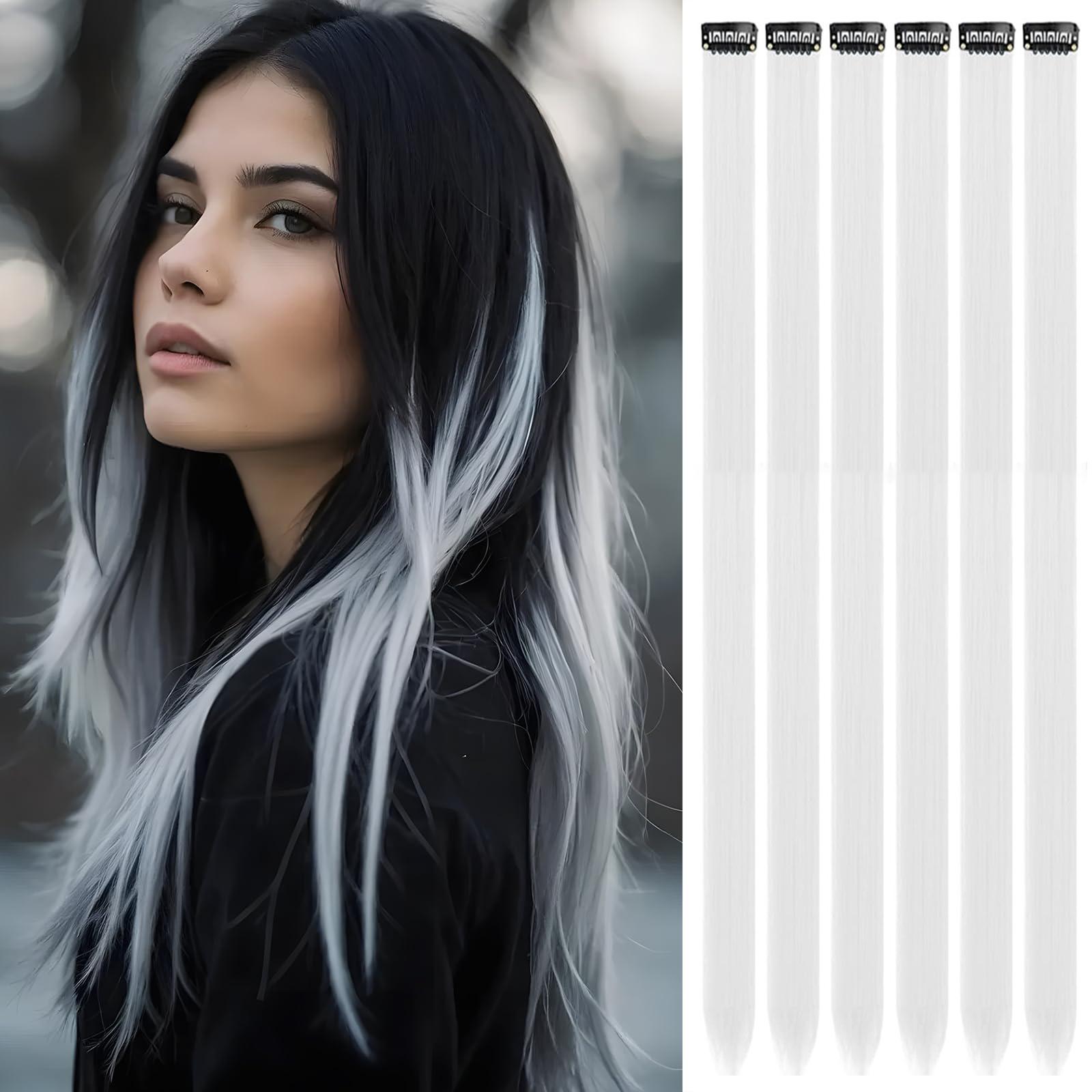 

6 штук клипсовых прядей, 24 дюйма, цветные наращенные волосы, праздничные мелирования, длинные прямые синтетические накладные волосы для женщин, детей, девочек 24inches белый