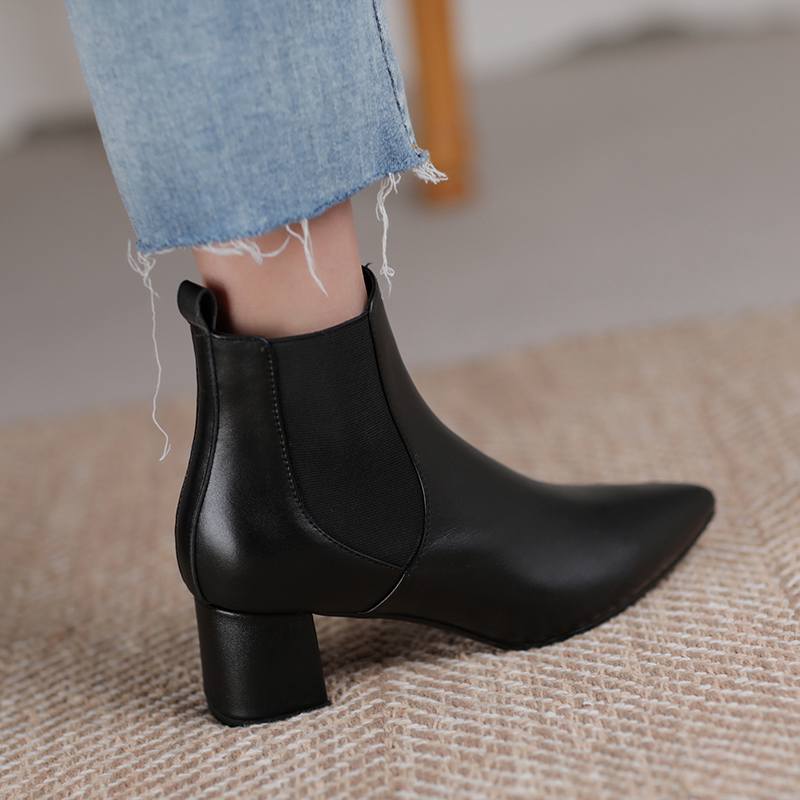 Krazing Pot Kravská kůže Zimní Špičaté špičky Silné střední podpatky Chelsea boty Dámské Nazouvací Velká velikost Retro Stručný styl Kotníkové boty