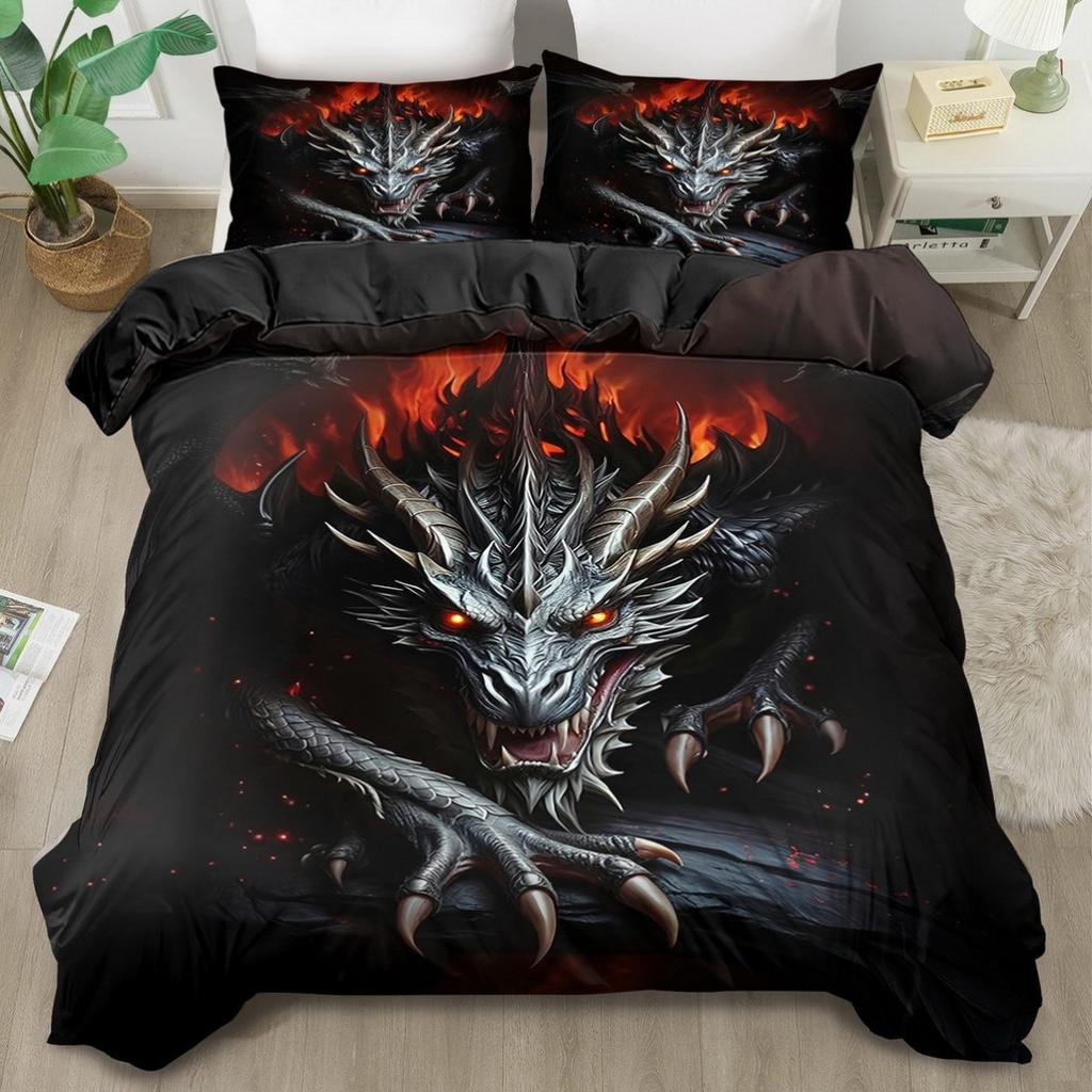 2/3Pcs Mysterious Dragon Print Duvet Cover Set King Queen Size Polyester Bedding with Pillowcases Machine Washable for Bedroom