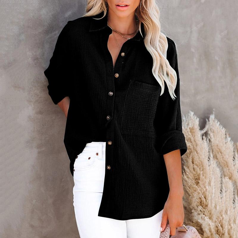 Moda Mujer Manga Larga Solapa Color Sólido Talla Grande Camisa Blusa Tops Ropa