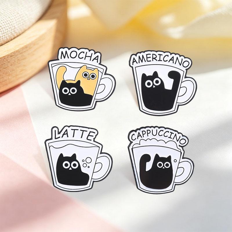 Cute Coffee Cup Cat Enamel Pins Funny Americano Latte Mocha Cappuccino Cartoon Black Kitten Brooches Lapel Badge Jewelry Gifts