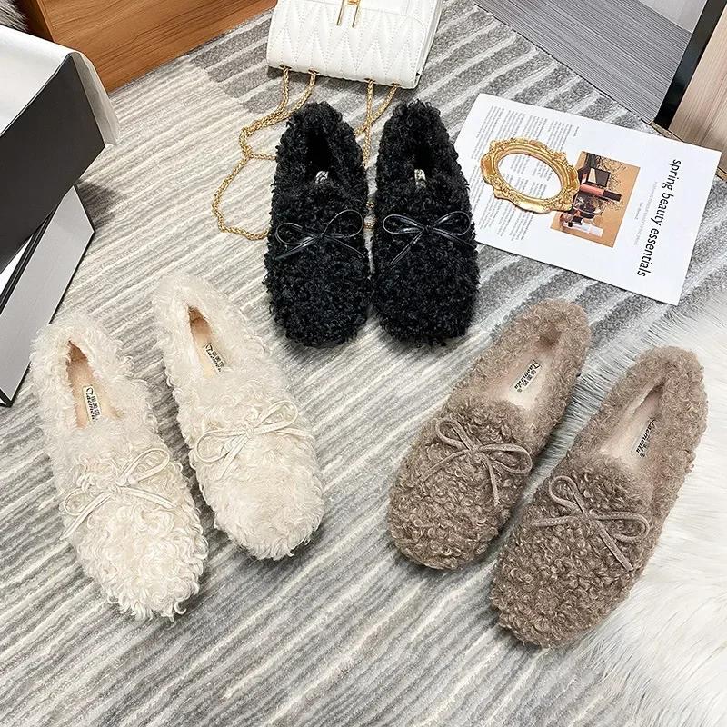 Fashion Women Winter Furry Shoes New Moccasins Soft Flat Non-slip Loafers Fashion Comfort Warm Plush Slip on Female Cotton Ballet Shoes