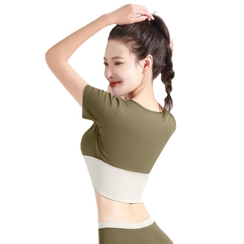 Juyitang Women's Short-Sleeve Color Match Yoga Top, Bra-Free, Navel-Baring Fitness Wear