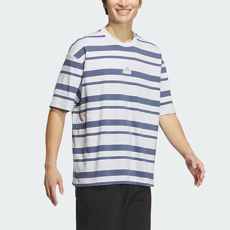 Adidas Logo Stripe T-shirt Asia Sizing 'Grey Navy' IT3929
