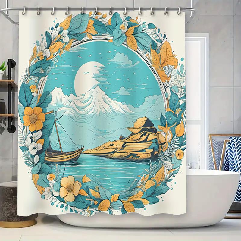 

Vibrant Moonlit Mountain Shower Curtain With Wooden Boat Design Waterproof Fabric For Bathroom Decorations W60H190(CM)-1 Pcs