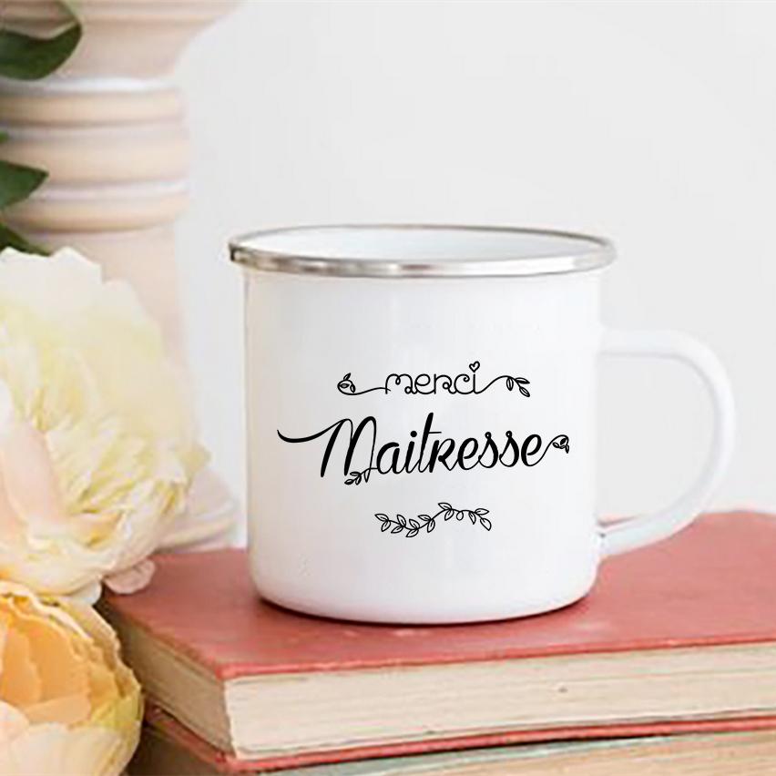 Creative Merci Maîtresse Print Mugs Coffee Cups Drinks Water Milk Cup Enamel Mug School Home Handle Drinkware Gift for Maîtresse