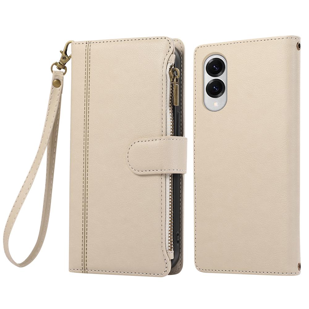 

For Samsung Galaxy S25 Edge Case Multi Card Slots Zipper Leather Phone Cover with Wrist Strap Beige