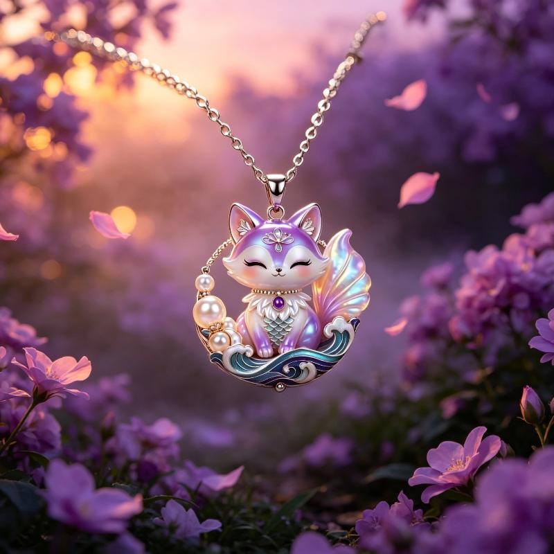 Nine-tailed Fox Enamel Pendant Necklace Waterproof Chinese Traditional Jewelry Durable Chain for Women Graduation Gift