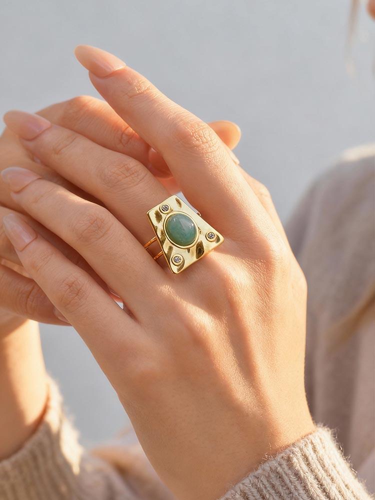 

Retro Zircon Natural Stone Rings for Women Square Double Layer Stainless Steel Opening Ring Female Luxurious Jewelry Gifts