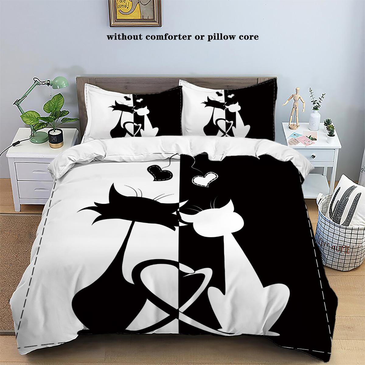 

3pcs Bedding Set Black White Kawaii Cat 3D Printed Cozy Soft Duvet Cover King Queen Twin Size Birthday Gift Adult Bedroom Decor EU Single 135x200cm