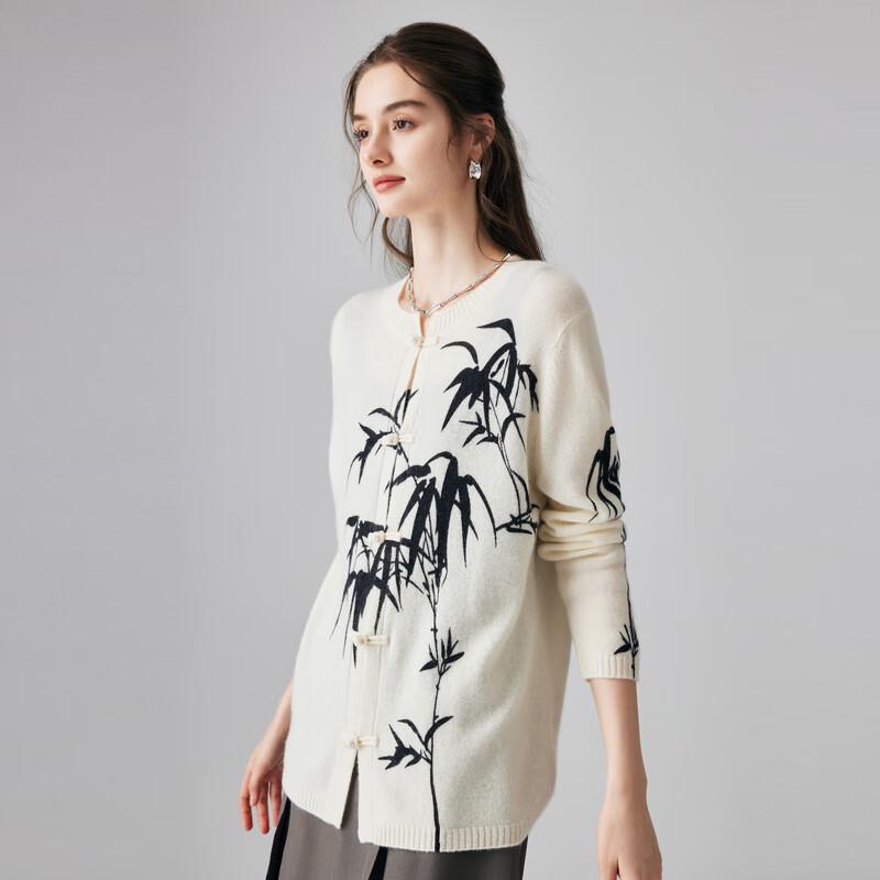 Paluopo Women's 100% Cashmere Ink Print Round Neck Cardigan