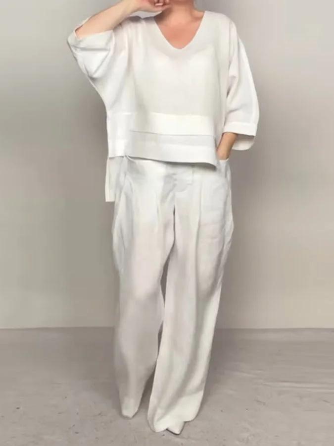 Women's Loose Fit V-Neck Layered Top with Wide Leg Pants Set In White, Grey, Black, Navy, Beige