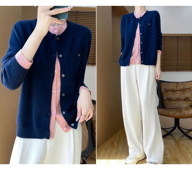 Women's 100% Wool Cardigan, Fake Two-Piece, Slimming Round Neck, Lazy Style Sweater Coat for Spring & Autumn