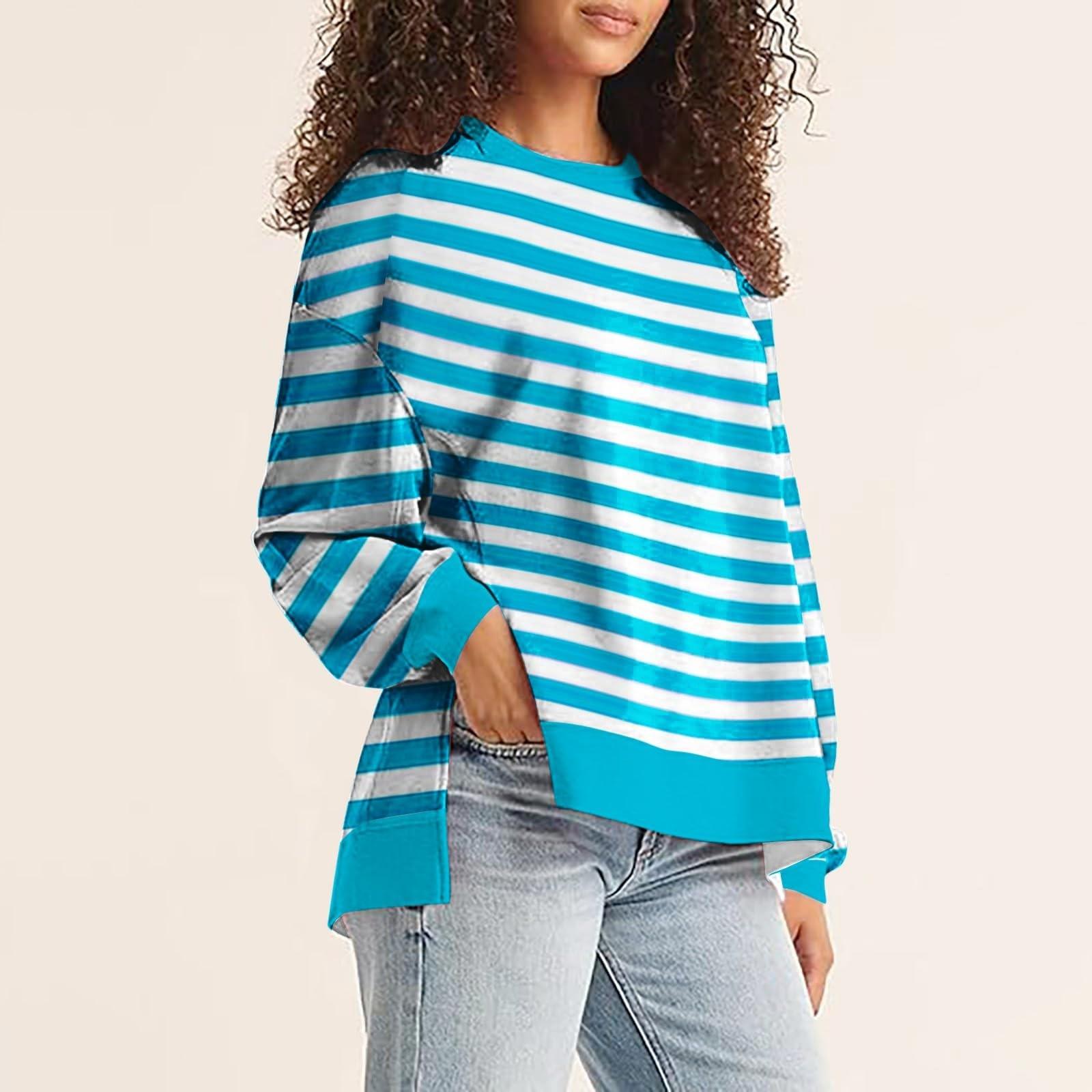 

Женская повседневная свободная толстовка-пуловер с принтом в полоску, с длинными рукавами, с разрезом XL небесно-голубой