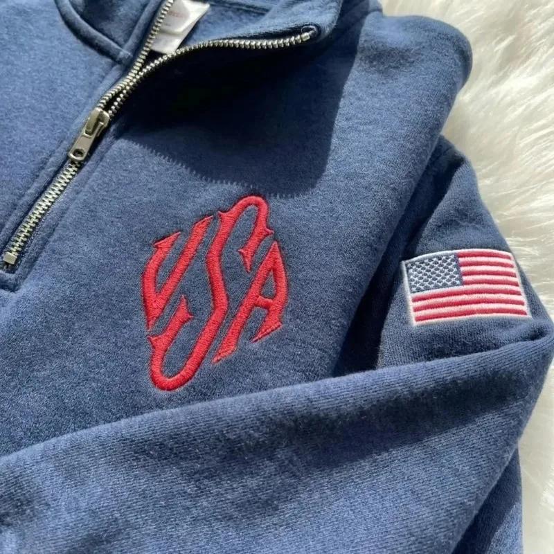 Unisex Y2K Granatowa Bluza Rozpinana pod Szyję z Zamkiem USA Haftowana Naszywka z Flagą Amerykańską Kurtka Męska Damska Vintage Streetwear Moda