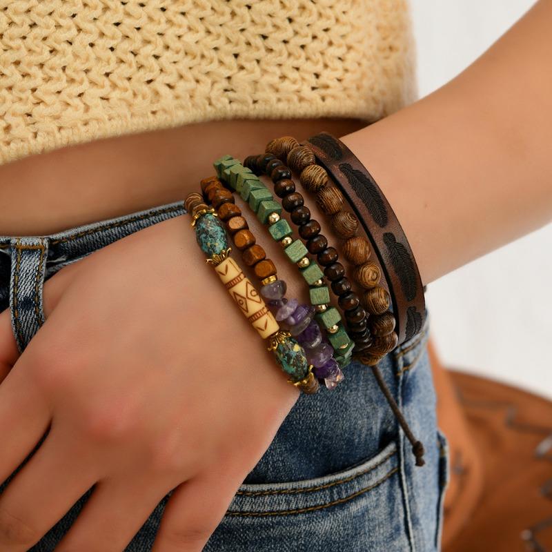 6-Piece new wooden bead beaded gravel leather men's and women's bracelets are suitable for daily wear by men and women