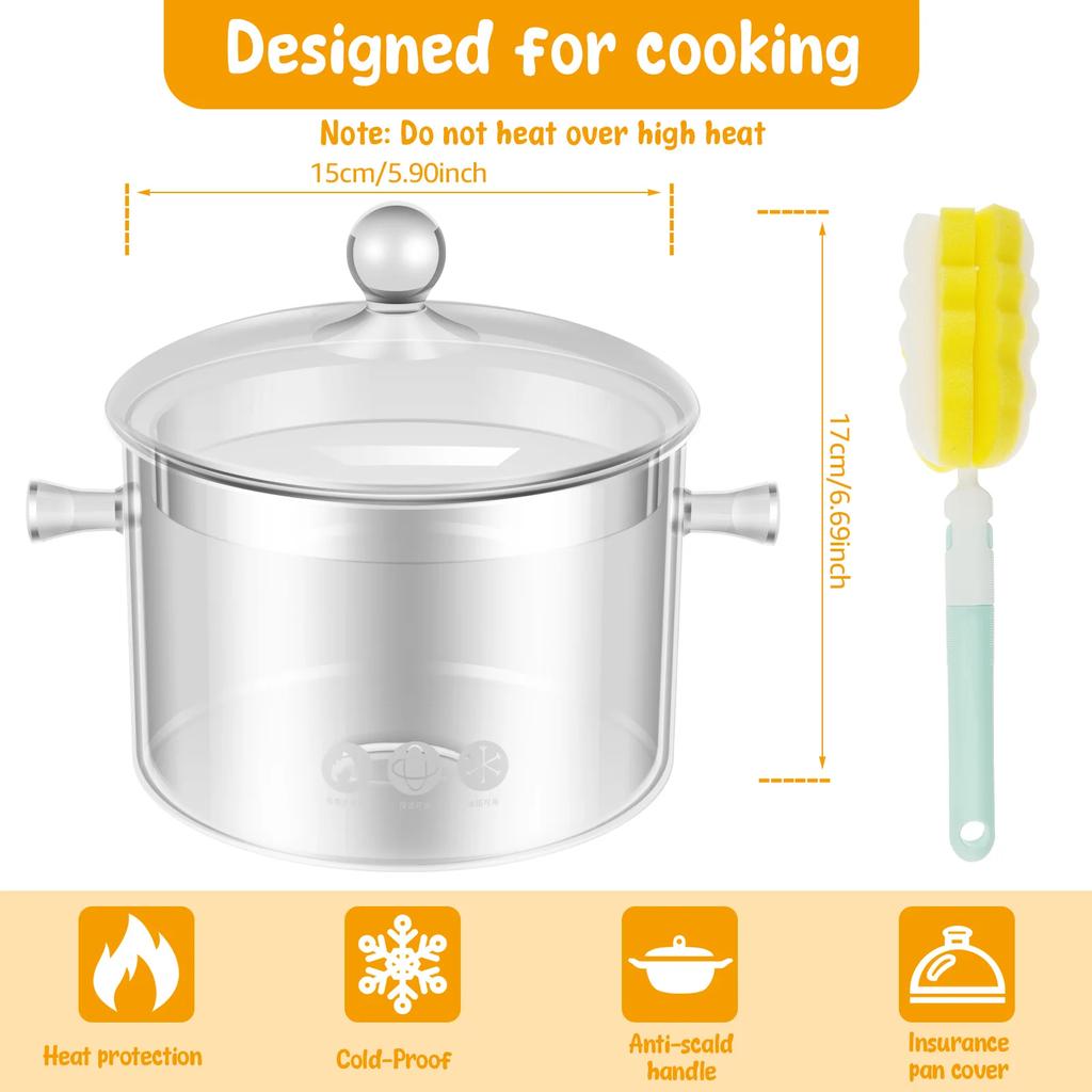 Clear Cooking Pot with Lid and Brush 1500ml Glass Simmer Pot Borosilicate Glass Clear Cookware Nonstick for Pasta Noodle Soup