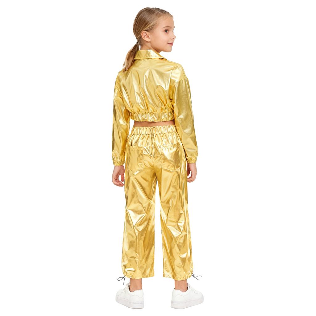 Unisex Kids Shiny Metallic Jacket Drawstring Cargo Pants Hip Hop Jazz Dance Costume Set