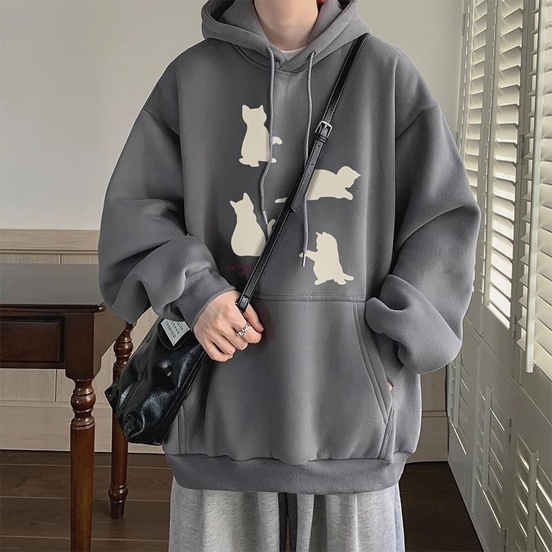 Hooded Sweatshirt Men's Autumn Winter Velvet Thickened Kitten Print Jumpers Trendy American Pullovers