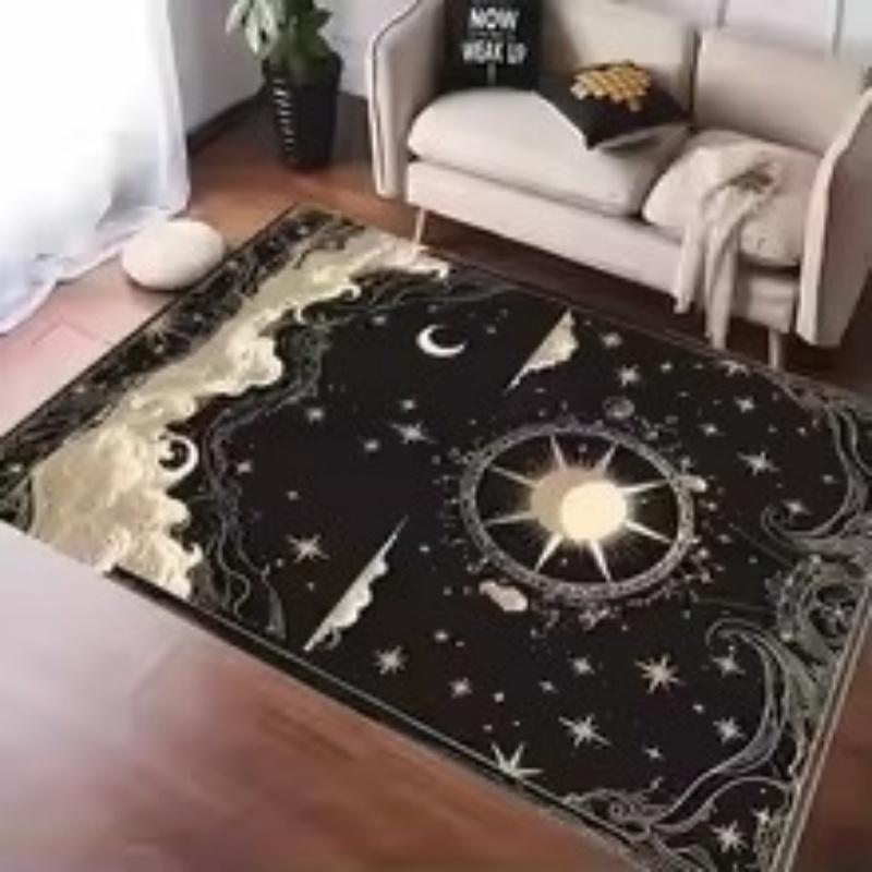 Minimalist Black Carpet Featuring Star Moon and Sun Designs Anti-slip Floor Mat for Living Room Bedroom Decor Doormat