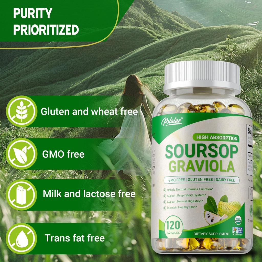 Capsule di Graviola Naturale: Ricco di antiossidanti, supporta la salute intestinale, rafforza il sistema immunitario; adatto sia per uomini che per donne.
