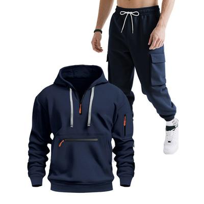 Mens Hooded Fleece Zip-Up Sweatshirt Cargo Pants Set Casual Winter Outfit