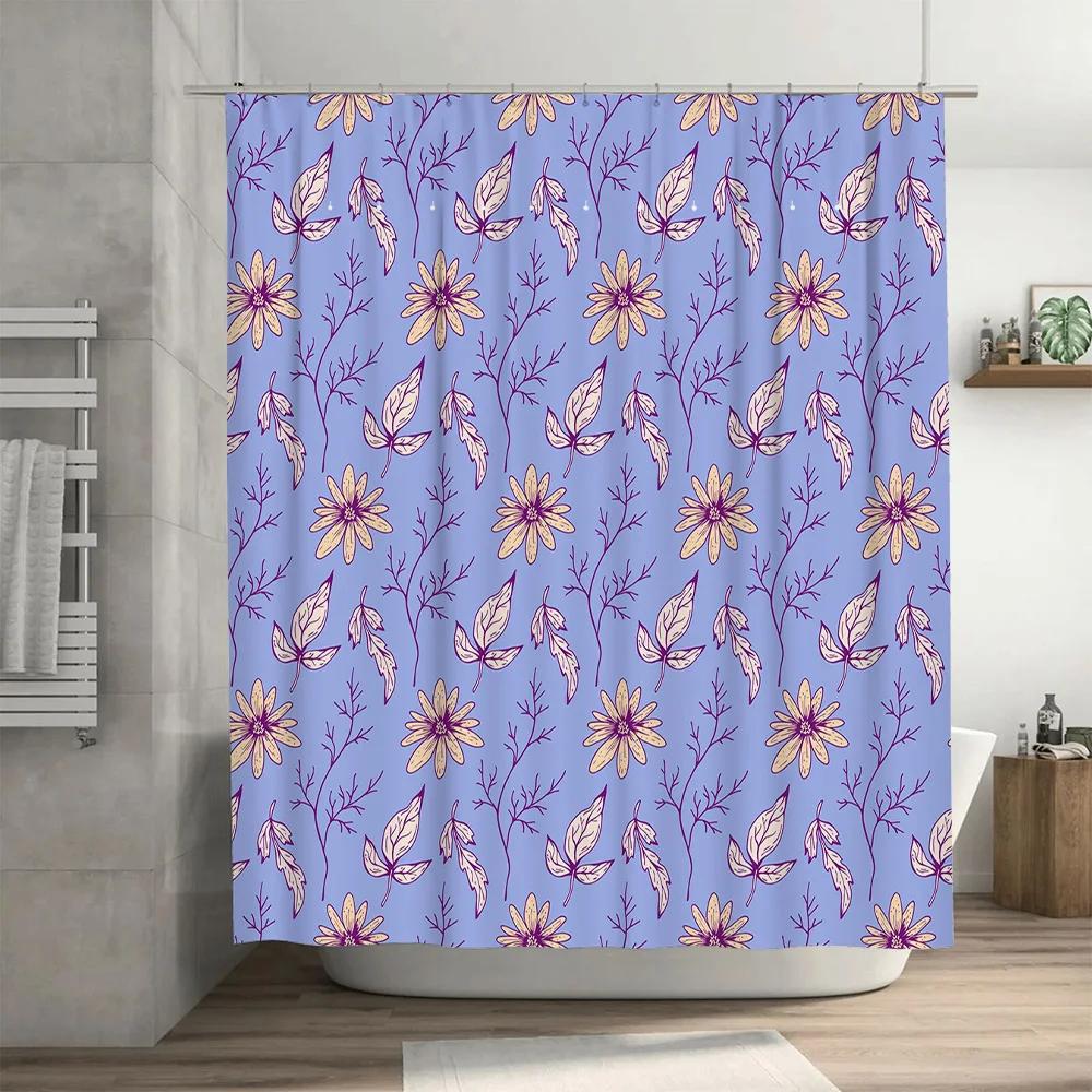 Beautiful Floral Shower Curtain with Purple Leaves for Bath Decor Waterproof Fabric Bathroom Curtains In Multiple Sizes