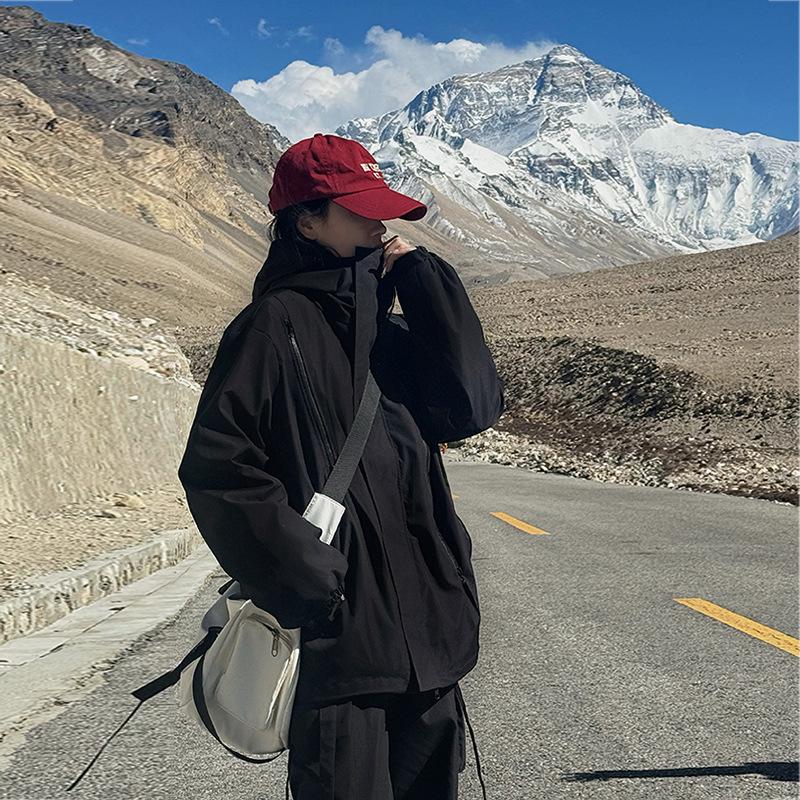 

New jacket women s short couple jacket tooling solid color top spring and autumn trench coat women s coat M чёрный