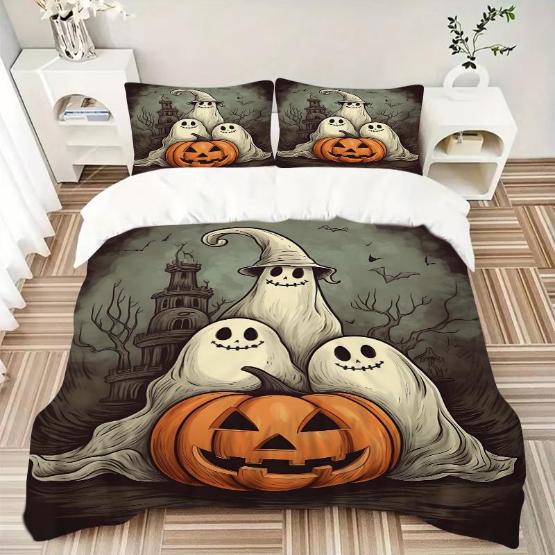 3pcs Ghost With Pumpkin Drawing Print Bedding Set (1 Cover + 2 Pillowcases, Without Inserts), This Printed Bedding Set Is Soft and Comfortab