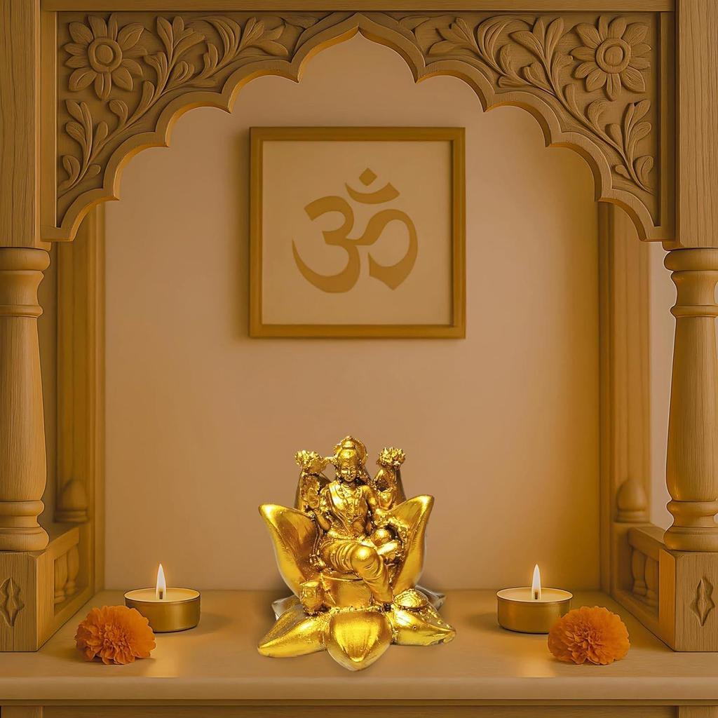 'Lakshmi with Lotus' Gold Antique Resin Figurine Idol Statue Laksmi Showpiece for Mandir Home Decor, Height 3 Inches, Religious