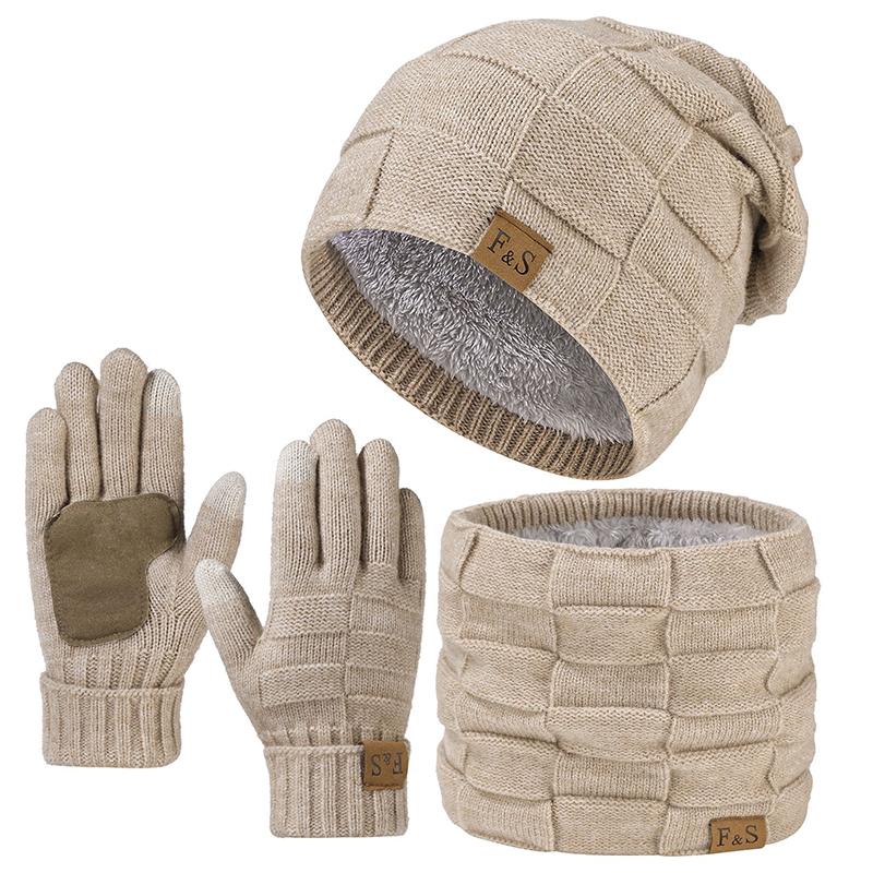 New Winter Warm Thicken Men Knitted Hat Women Scarf Scarf And Gloves Three Piece Plush Thermal Beanie Hats Casual Skullies Cap