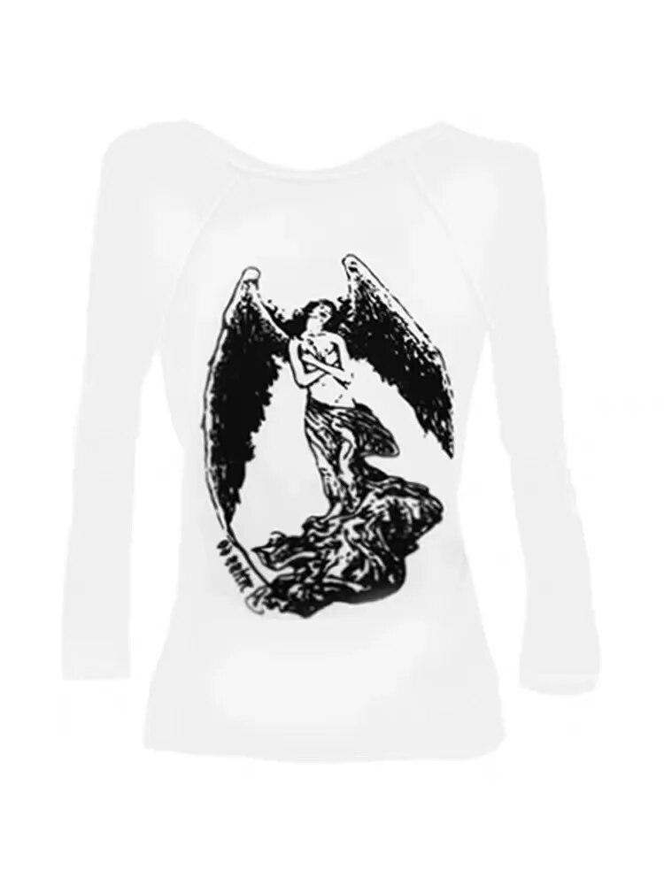 Gothic Y2k Vintage O-Neck Slim T-Shirts Women Chic Mesh Cyber See Through Crop Tops Female Korean Fashion Casual Clothing New