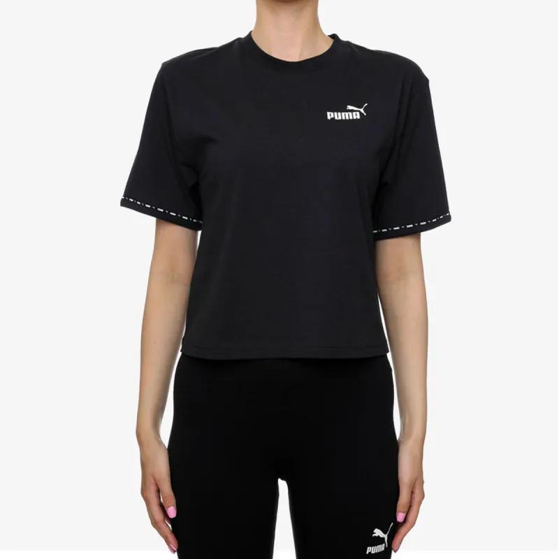 Puma Power Tape Logo Print Rundhals-Pullover T-Shirt Damen Tops Schwarz 673626-01