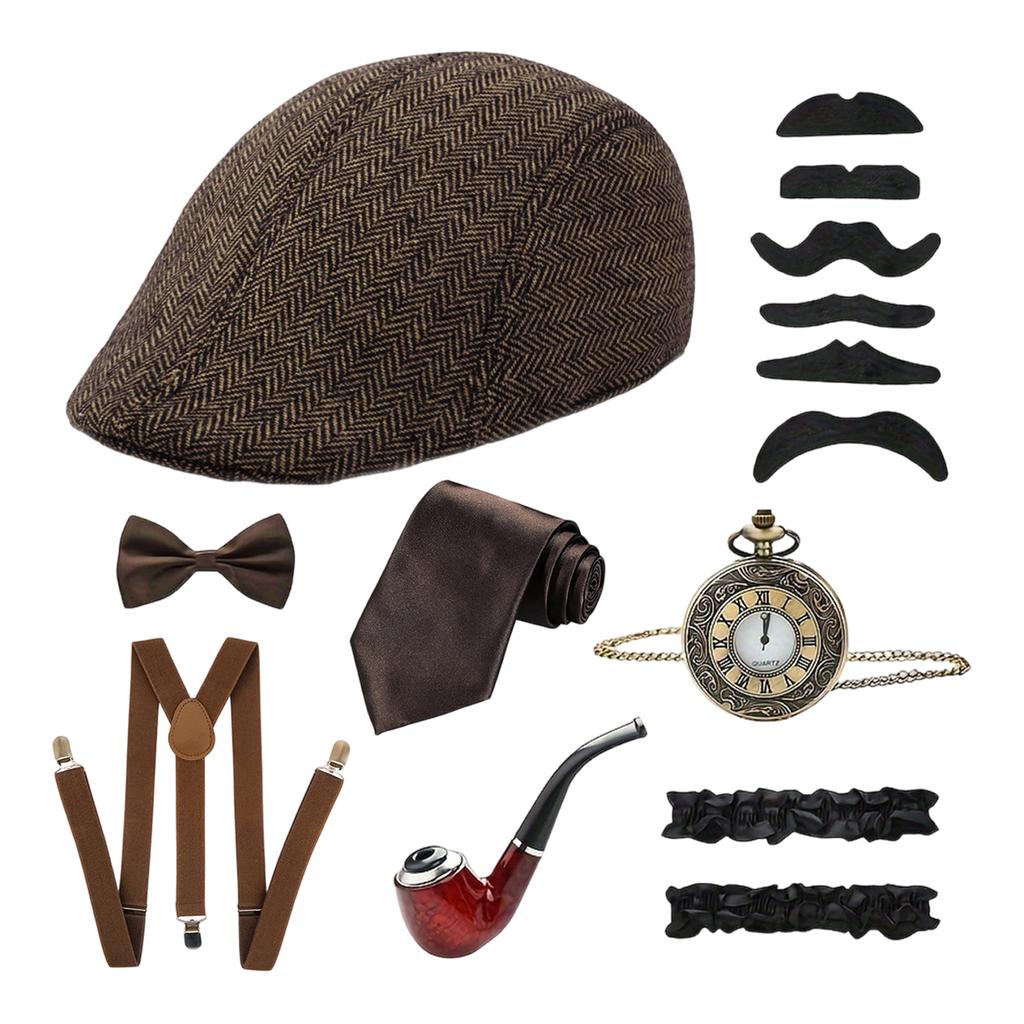 Ensemble de costume de fête rétro britannique pour homme avec haut-de-forme, pipe, montre de poche, barbe, cravate, gilet et nœud papillon