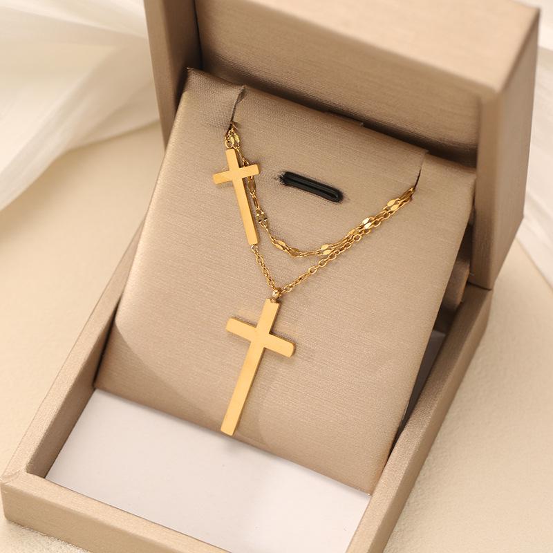18K Gold Plated Stainless Steel Double Layer Cross Necklace for Women - Simple Ins Style Clavicle Chain Choker